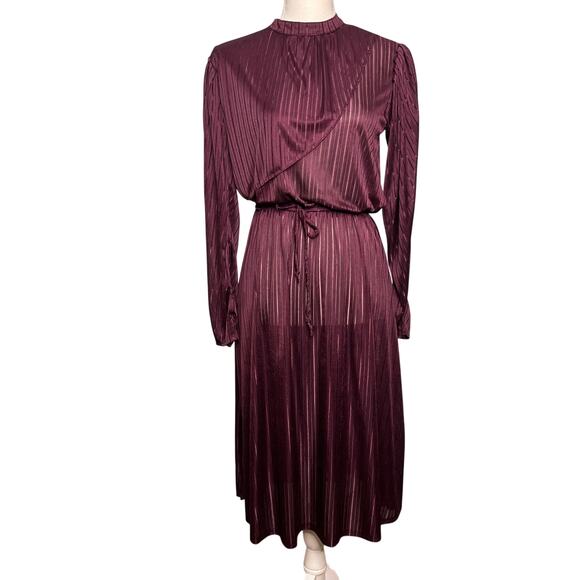Vintage 70s Size Small Maroon Sheer Stripe Dress Disco Retro Office Siren Career - Picture 1 of 10
